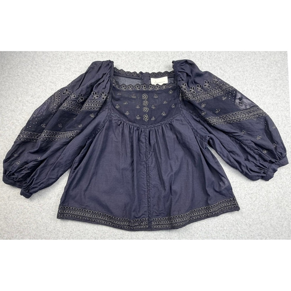 Anthropologie Navy Eyelet Mesh Puff Sleeve Blouse Square Neck Button Back M